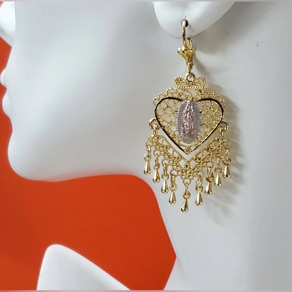 3 Color Gold Plated Our Lady Virgen Guadalupe Chandellier Heart Earrings - Picture 3 of 4